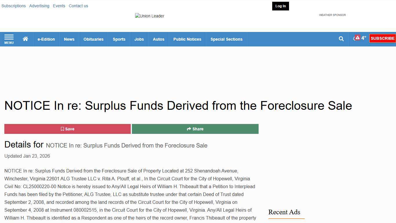 NOTICE In re: Surplus Funds Derived from the Foreclosure Sale All Legals unionleader.com